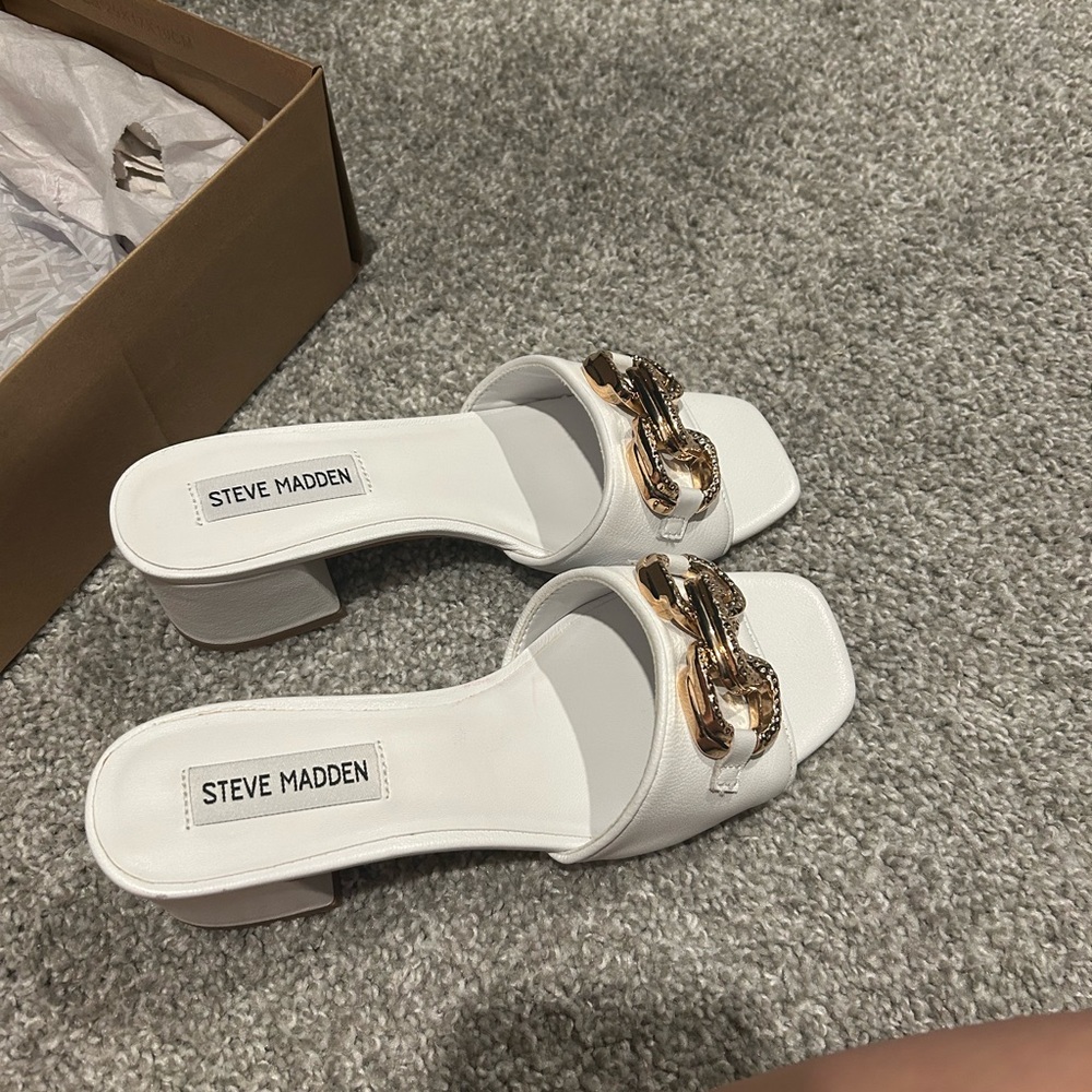 Steve Madden White Heels with Gold Accents